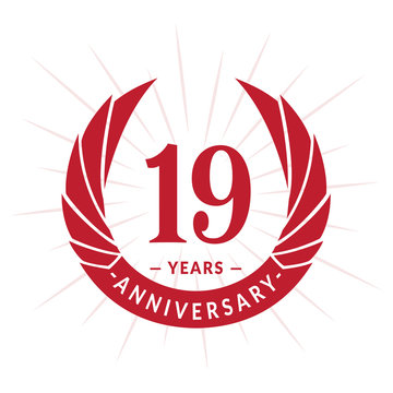 19th years anniversary celebration design. Nineteen years logotype. Red vector and illustration.