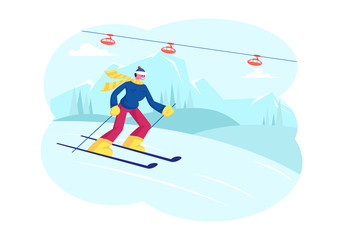 Fototapeta na wymiar Young Man Wearing Warm Sportive Costume Going Downhill by Skis on Nature Background with Funicular. Winter Sports Outdoors Leisure and Spare Time. Wintertime Activity. Cartoon Flat Vector Illustration
