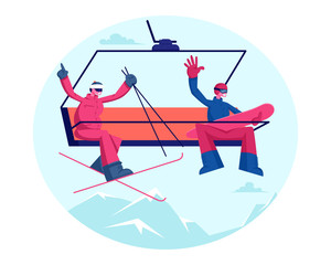 Happy Couple Rise to Ski Lift Elevator Waving Hands. Sportsmen Skier and Snowboarder Go Up Hill on Cable Rope Mountain Funicular with Equipment Skis and Snowboard. Cartoon Flat Vector Illustration