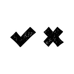 Hand drawn check mark icons. Tick and x cross doodles