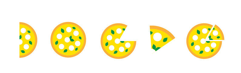 Simple pizza set with mozzarella and basil for posters, banners and cards. Vector food icons for cafe, food delivery, restaurant, bakery, pizza house