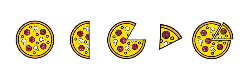 Set of six colored pizza compositions for cafe, food delivery, restaurant, bakery. Pizza with pepperoni, cheese, mushrooms and olives