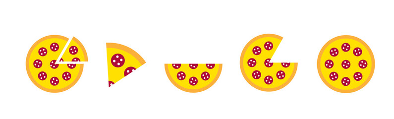 Colored pizza with pepperoni and cheese for Italian cafe, food delivery, restaurant, bakery. Vector illustration for posters, banners and cards