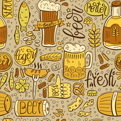 Seamless pattern with beer and hand-drawn lettering. Beer and Snack. Octoberfest background design with Typography. Vector cartoon Illustration.