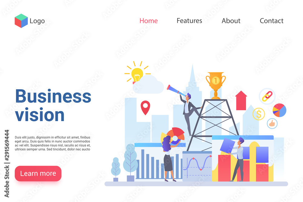 Poster business vision flat landing page template. company promotion website design layout. business develo