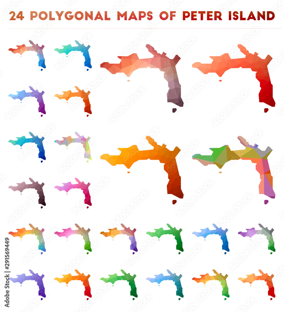 Poster set of vector polygonal maps of peter island. bright gradient map of island in low poly style. multi