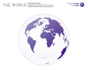 Low poly world map. Lambert azimuthal equal-area projection of the world. Purple shades colored polygons. Creative vector illustration.