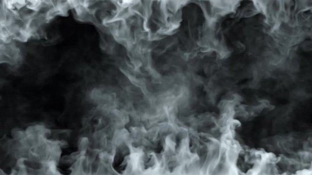 White steam spins and rises from bottom and top. White line smoke rises and falls from a large pot, which is located behind the frame. Isolated seamless loop black background.