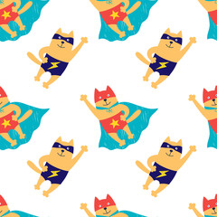 Hand-drawn cats in a superhero costume. Kids vector seamless pattern for textile, fabric, wallpaper, background.