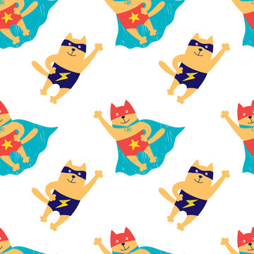Hand-drawn cats in a superhero costume. Kids vector seamless pattern for textile, fabric, wallpaper, background.
