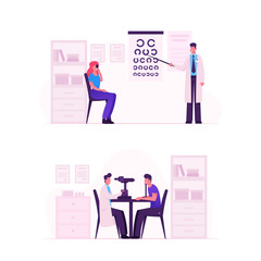 Ophthalmologist Doctor Check Eyesight for Eyeglasses Diopter. Male Oculist with Pointer Checkup Eye Sight. Professional Optician Exam Patient for Treatment Vision Cartoon Flat Vector Illustration