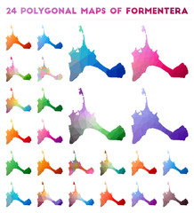 Set of vector polygonal maps of Formentera. Bright gradient map of island in low poly style. Multicolored Formentera map in geometric style for your infographics.