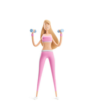 Girl doing exercise with dumbbells. Yoga, sport and fitness concept. Cartoon girl character. 3d illustration.