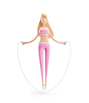 A girl jumps on a rope. Yoga, sport and fitness concept. Cartoon girl character. 3d illustration.
