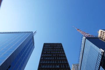 Obraz premium Metal tower or turret telecommunications satellite dishes reception and emission located on the skyscraper
