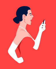 A woman in profile holds a smartphone in her hands and screams. Girl in evening dress on a red background. Hysterics, aggression and stress. Vector flat illustration