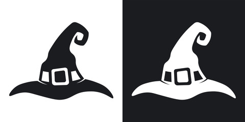 Witch hat silhouette, halloween illustration. Two-tone vector icon on black and white background