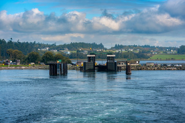 Fototapeta na wymiar Coupeville, Washington Ferry Dock. The Washington state ferry that travels from Coupeville on Whidbey Island to Port Townsend, Washington.