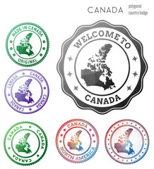 Canada badge. Colorful polygonal country symbol. Multicolored geometric Canada logos set. Vector illustration.