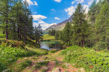 Fototapeta na wymiar Aosta Valley, Italy. View of the Lago Blu (Blue Lake) near Breuil-Cervinia