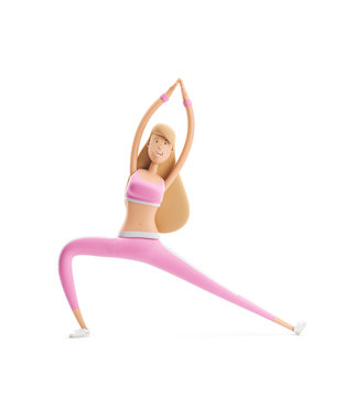 girl does sports exercises. Yoga, sport and fitness concept. Cartoon girl character. 3d illustration.