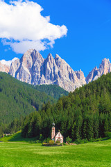 Fototapeta na wymiar Val di Funes, Bolzano / Italy. San Giovanni in Ranui church (St John in Ranui church) in the Dolomites