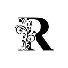 letter R. Black flower alphabet.  Beautiful capital letters.