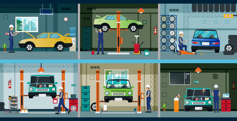 Mechanic is fixing cars in the garage with tools.