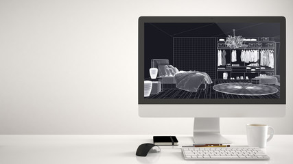Architect house project concept, desktop computer on white background, work desk showing CAD sketch, modern bedroom with walk-in closet interior design