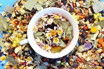 Brewed herbal tea in a blue tint cup. Around the cup are various dried herbs and berries for brewing in tea. Tea and tea on a neutral background in blue.