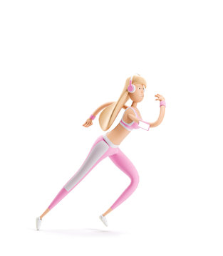 A girl runs around listening to music in headphones. Yoga, sport and fitness concept. Cartoon girl character. 3d illustration.