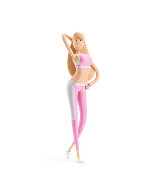 Cute sports girl in tight pink clothes. Yoga, sport and fitness concept. Cartoon girl character. 3d illustration.