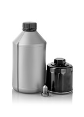 Engine oil canister and oil filter on a white isolated background. Engine Oil Change Kit.