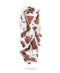 Pieces of broken chocolate with milk splashes falling down on white background
