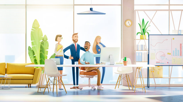 A team of employees works on the computer. Modern office. 3d illustration.  Cartoon characters. Business teamwork concept. 