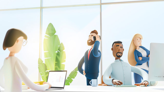 Concept of creative team. Modern office. 3d illustration.  Cartoon characters. Business teamwork concept. 
