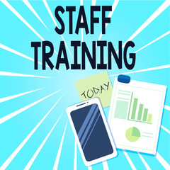 Word writing text Staff Training. Business photo showcasing program that helps employees learn specific knowledge Layout Smartphone Off Sticky Notes Clipboard with Pie Chart and Bar Graph