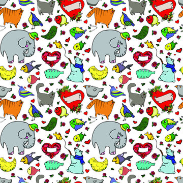 Colorful and festive seamless pattern with cute animals. Stylish graphic 
