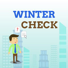 Writing note showing Winter Check. Business concept for Coldest Season Maintenance Preparedness Snow Shovel Hiemal Young Male Businessman Worker Searching Problem Solution