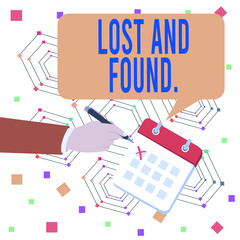 Conceptual hand writing showing Lost And Found. Concept meaning a place where lost items are stored until they reclaimed Formal Suit Crosses Off One Day Calendar Red Ink Ballpoint Pen