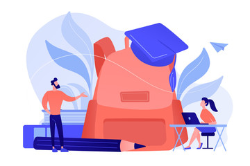 Big backpack, teacher speaking and student with laptop. Back to school, first day of school and new academic year, education and classroom concept, violet palette. Living coral blue vector isolated © Visual Generation