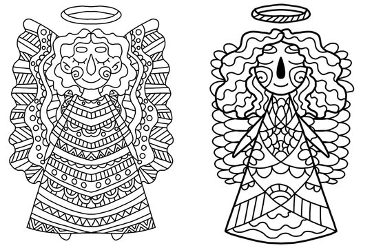 Two angels set sweet outline illustration. Christmas mood coloring book page for adults and kids. One of a series.
