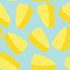Trianqular cheese pieces seamless pattern. Repeat endless food illustration. Textured light blue and yellow illustration. 