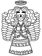 Smiling angel coloring page. Simple merry christmas illustration for kids and adults. One a series.