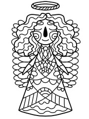 Christmas angel coloring book page. Black and white colorless illustration. Simple happy angel coloring page for children and adults. One of a series.
