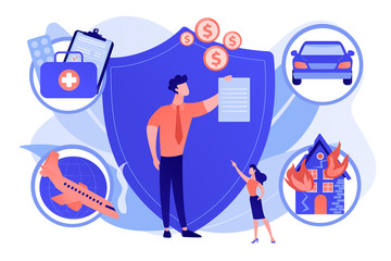 Obraz premium Private property, transport and life protection. Insurance broker, insurance brokerage services, insurance agent near you concept. Living coral blue vector isolated illustration