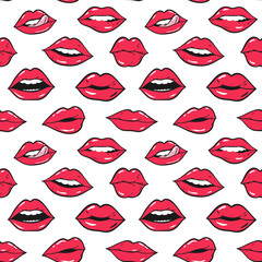 Beauty, makeup, cosmetic fashion seamless pattern. Vector red pink color doodle lips patches in pop art 80s-90s style. Woman's sexy emotions mouth.