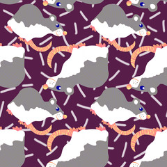 Stylized funny rats seamless pattern. Small nice grey and white pets with pink tails are on purple textured background.