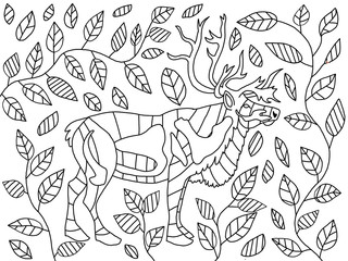 Simple deer coloring book page. Black outline illustration. One of a series.