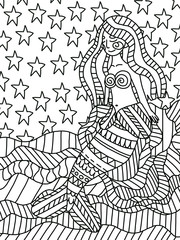 Mermaid with long curle hair sits on a cliff with closed eyes and smiles. Fairytale character coloring book page for children and adults. Outline simple elegant illustration. One of a series.